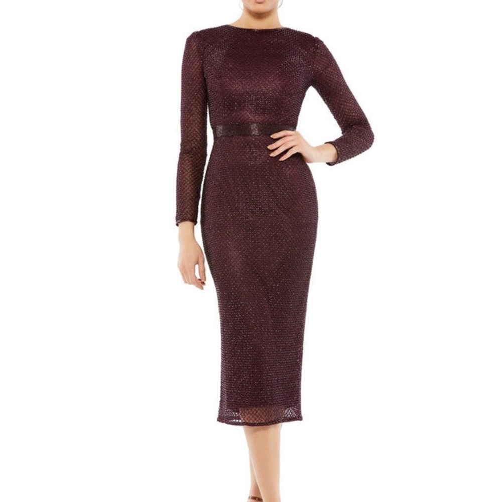 Mac Duggal Purple Plum Lattice Beaded Long Sleeve Modest Formal Midi Dress - Picture 1 of 16